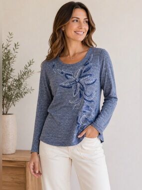 Lucky Brand Embroidered Floral Sweater Blue Long Sleeve Boho Cotton Size M